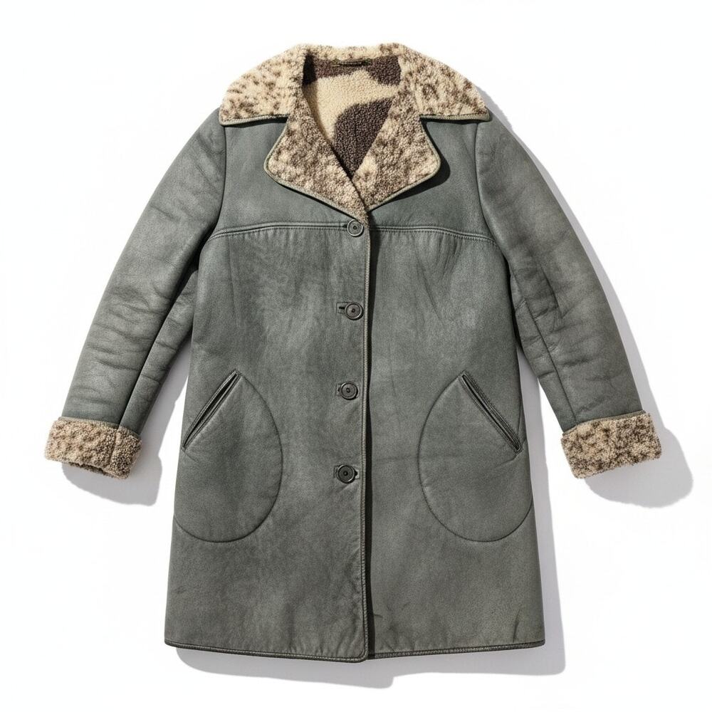 Vintage 70s Antartex M Full Shearling Green Coat Western Ski Gorpcore Boho